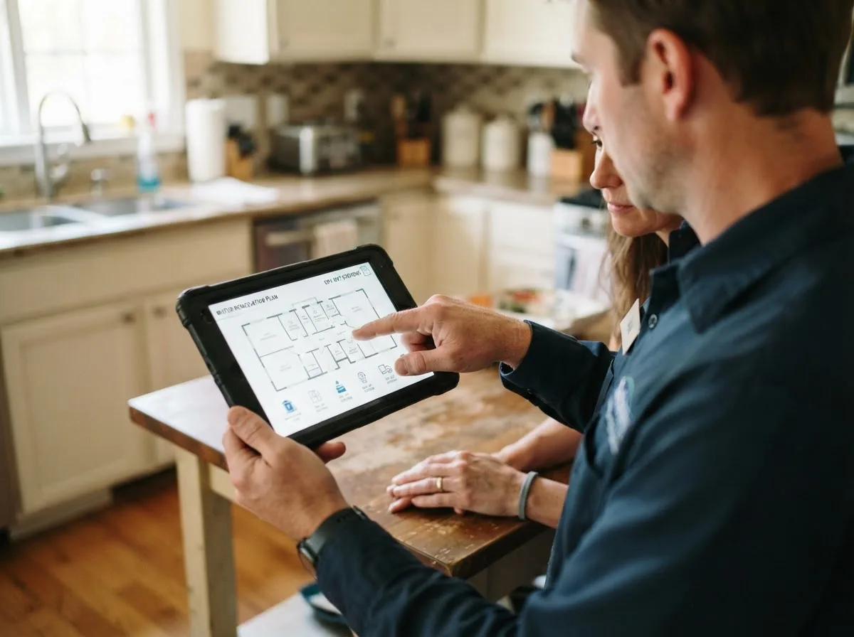 Water damage restoration technician inspecting a home in Kingsley, MI